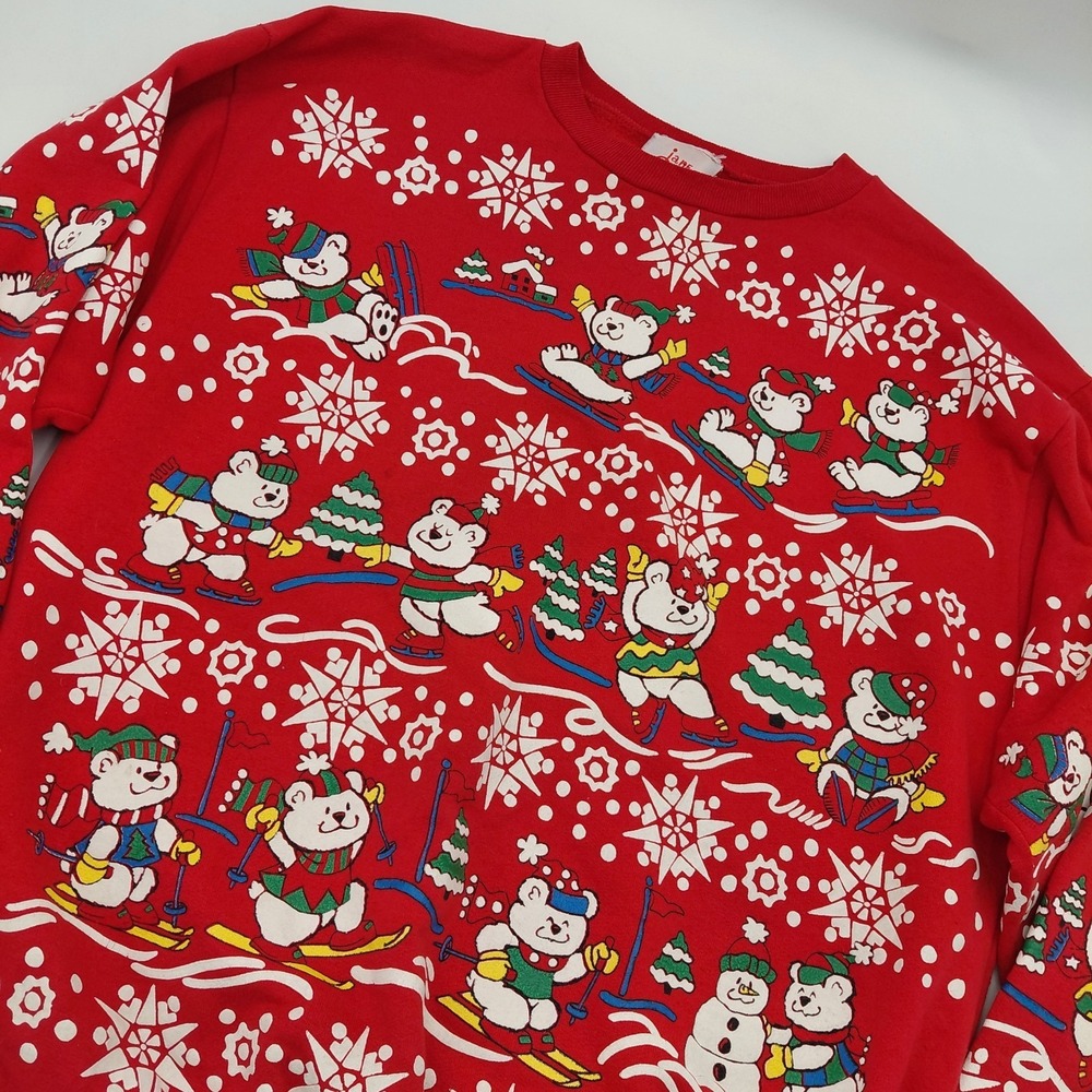 Vtg Jane Colby Christmas Sweatshirt Teddy Bears Puff Print M AOP Sleeves Red 90s